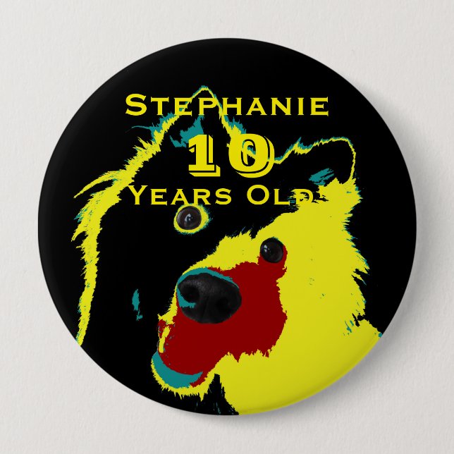 10 Years Old, Happy Yellow Dog Button Pin (Front)