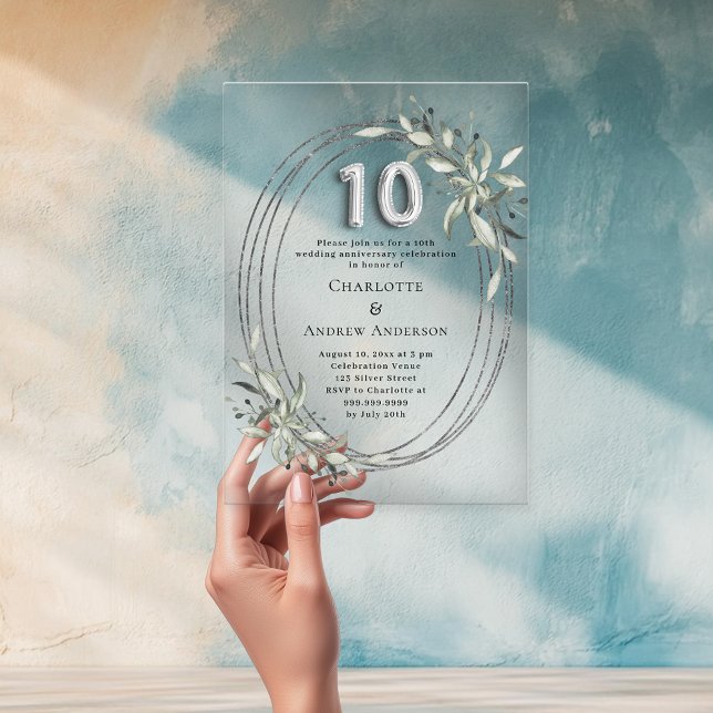 10h wedding anniversary silver greenery clear acrylic invitations (Creator Uploaded)