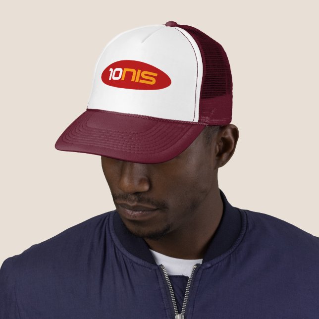 10NIS Red Tennis Sports Logo Trucker Hat (In Situ)