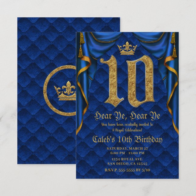 10TH 10 Birthday Party Royal Blue Gold Crown   Invitation (Front/Back)