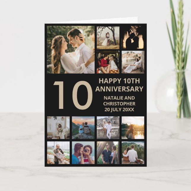 10th Anniversary 13 Photo Collage Black and Gold Card (Front)