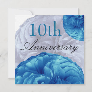 10th Anniversary Blue White Roses Linen Invitation