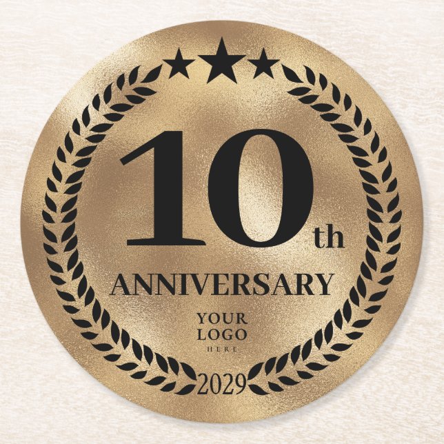 10th Anniversary Business Logo Gold Round Paper Coaster (Front)