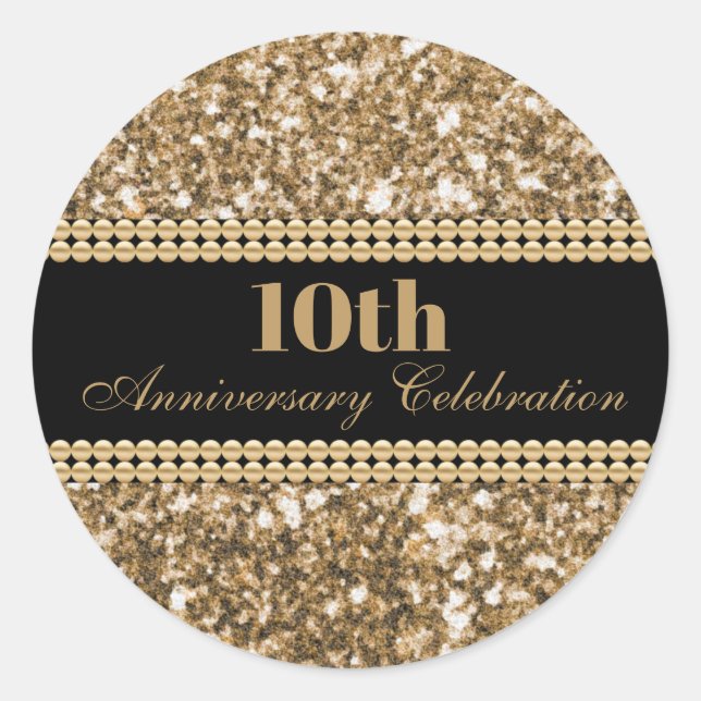 10th Anniversary Celebration Gold Glitter Pearls Classic Round Sticker (Front)