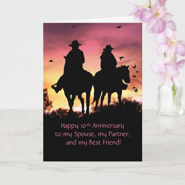 10th Anniversary Cute Couple Riding Horses Card (Orchid)