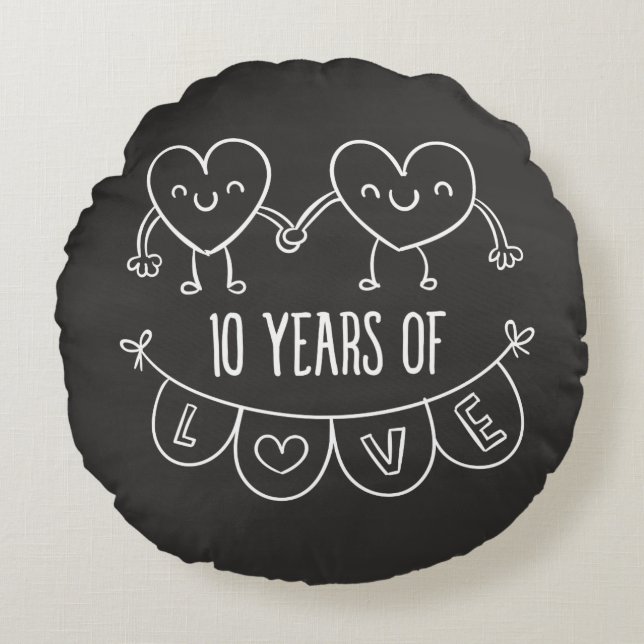 10th Anniversary Gift Chalk Hearts Round Cushion (Front)