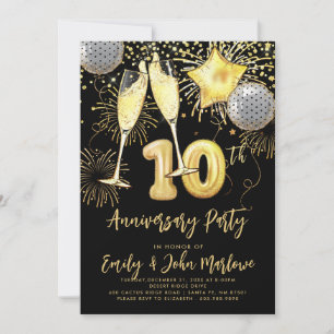 10th Anniversary Gold Glitter Confetti Champagne Invitation