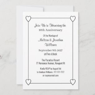 10th Anniversary Hearts White and Black Elegant Invitation