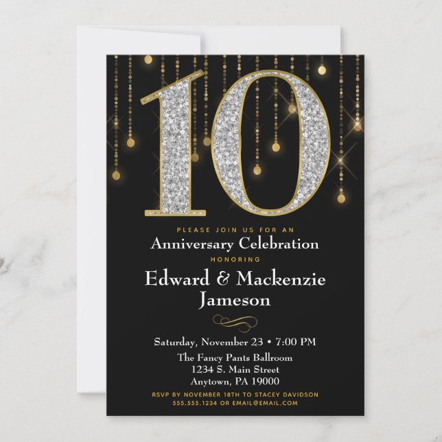 10th Anniversary Invitation Black Gold Diamonds (Front)