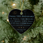 10th Anniversary Keepsake Heart Ornament<br><div class="desc">Celebrate a decade of love with this beautiful 10th Anniversary ornament, designed to mark ten years of memories and commitment. This elegant black heart-shaped ornament features a modern, minimalist design with detailed time measurements of your journey together, from years down to seconds. A perfect gift to honour a couple's enduring...</div>