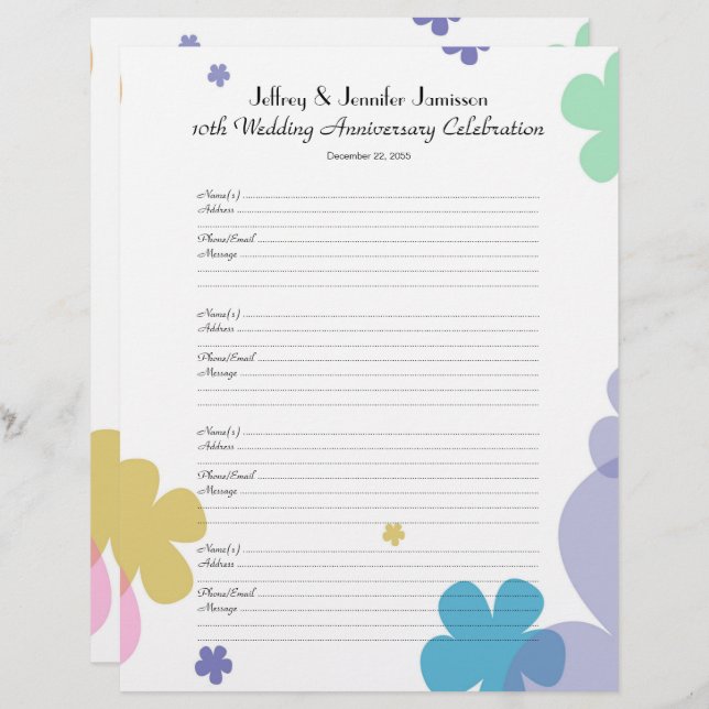 10th Anniversary Party Guest Book Sign-In Page (Front/Back)