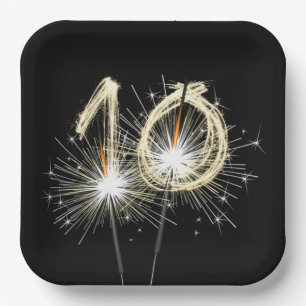 10th Anniversary Party Sparklers on Black  Paper Plate