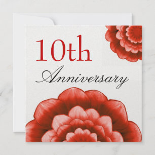 10th Anniversary Red Flowers Premium Metallic Invitation
