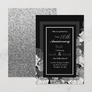 10th anniversary silver, black & white rose print card