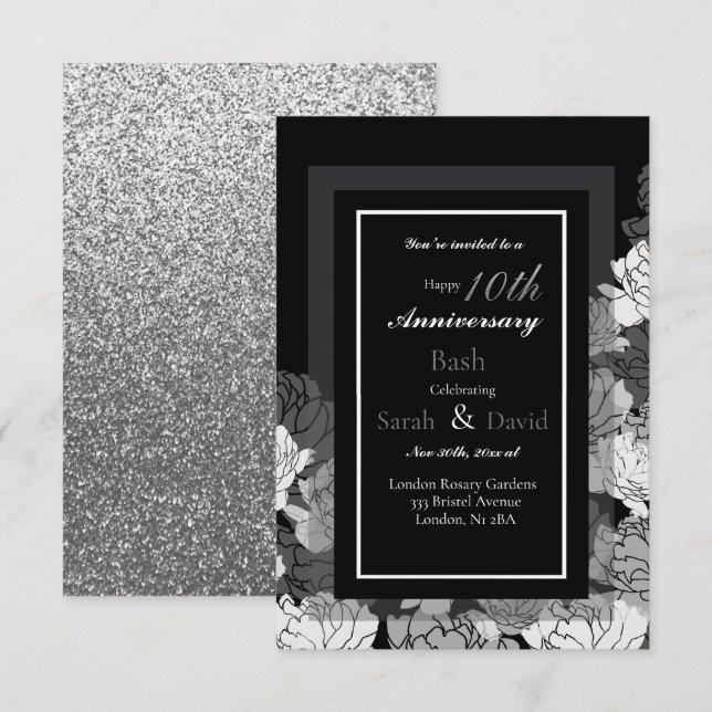 10th anniversary silver, black & white rose print card (Front/Back)