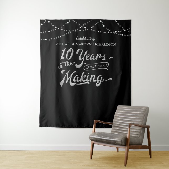 10th Anniversary Silver Retro Typography Black Tapestry (In Situ)