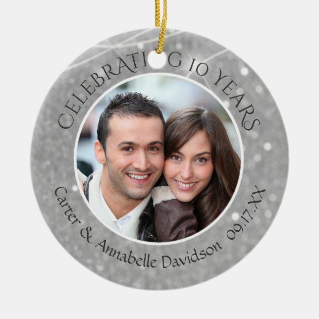 10th Anniversary | Silver Sparkle Photo Ceramic Tree Decoration (Front)