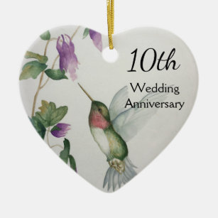 10th Anniversary Sweet Bird Flower Heart Ceramic Tree Decoration