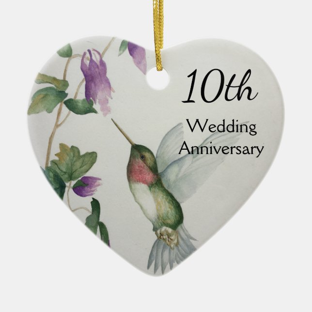 10th Anniversary Sweet Bird Flower Heart Ceramic Tree Decoration (Front)