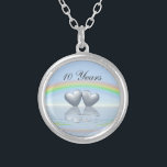 10th Anniversary Tin Hearts Silver Plated Necklace<br><div class="desc">Two tin or aluminium hearts floating on the water under a rainbow. Customisable text says "10 Years".</div>