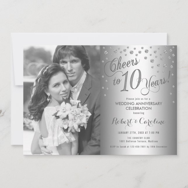 10th Anniversary with Photo - Diamond Silver Invitation (Front)