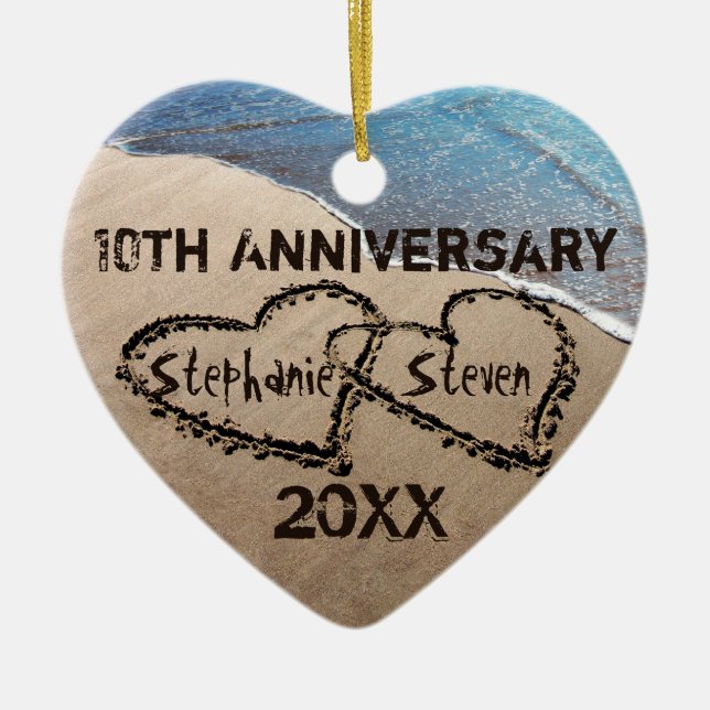 10th, Any Anniversary Two Hearts In Sand Ornament (Front)