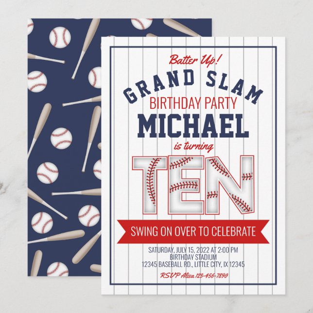 10th Baseball Birthday Invitation (Front/Back)