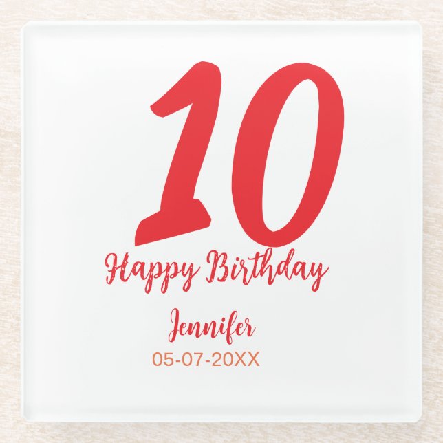 10th birthday add name date year red template  glass coaster (Front)