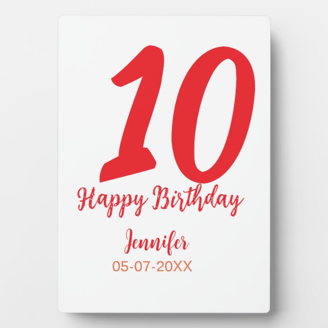 10th birthday add name date year red template  plaque (Front)