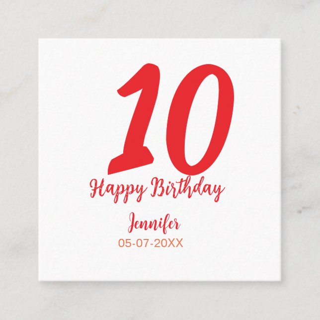 10th birthday add name date year red template  square business card (Front)