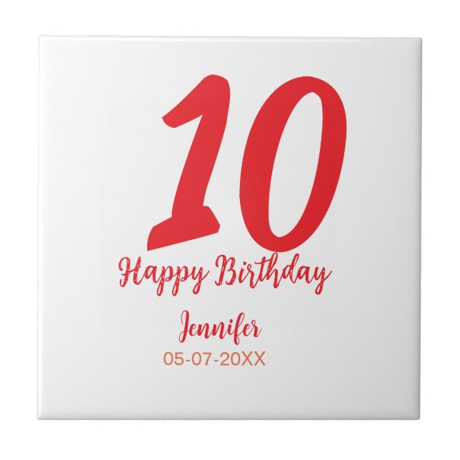 10th birthday add name date year red template  tile (Front)