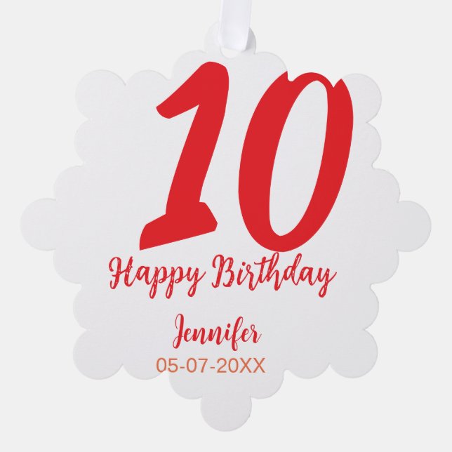 10th birthday add name date year red template  tree decoration card (Front)