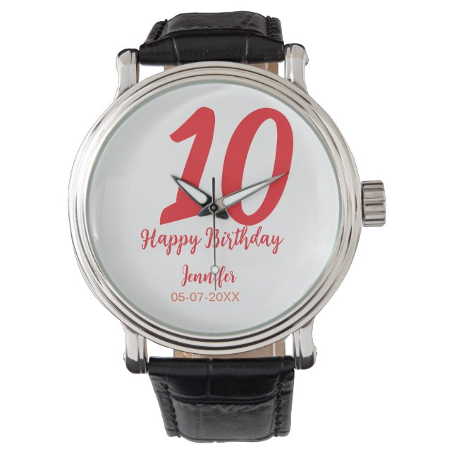 10th birthday add name date year red template  watch (Front)