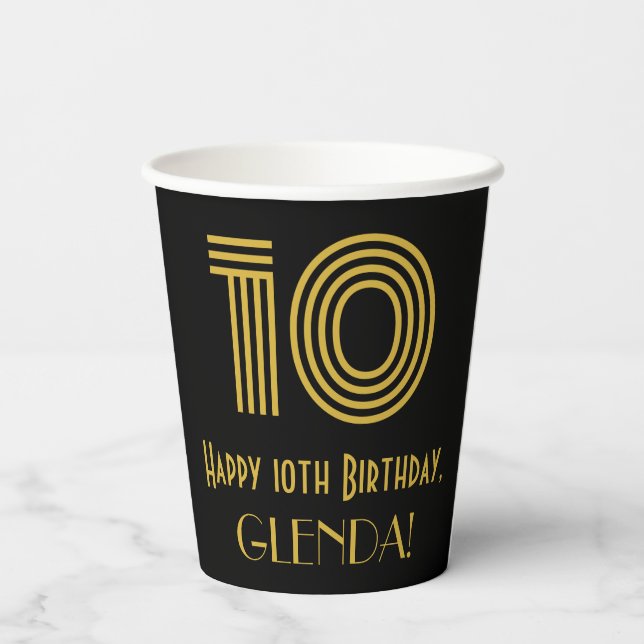 10th Birthday: Art Deco Inspired Look “10” & Name Paper Cups (Back)