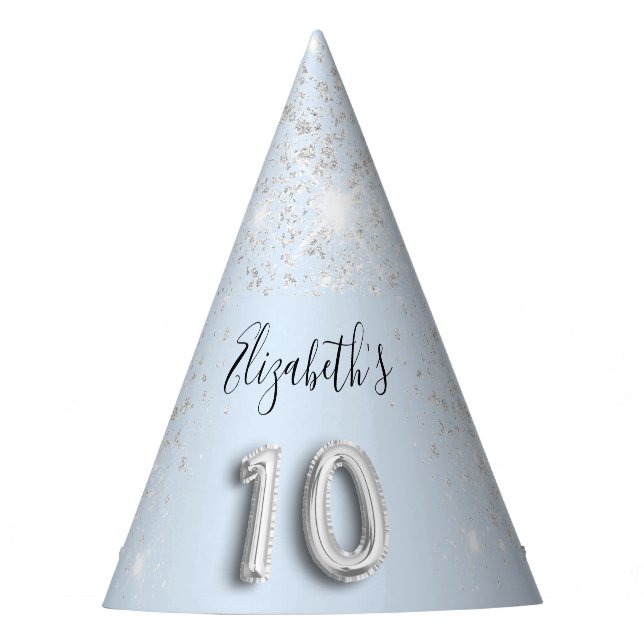 10th birthday baby blue silver glitter dust name party hat (Front)