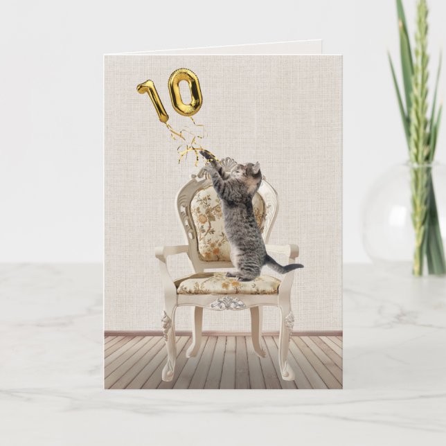 10th Birthday Balloons and Tabby Cat Card (Front)