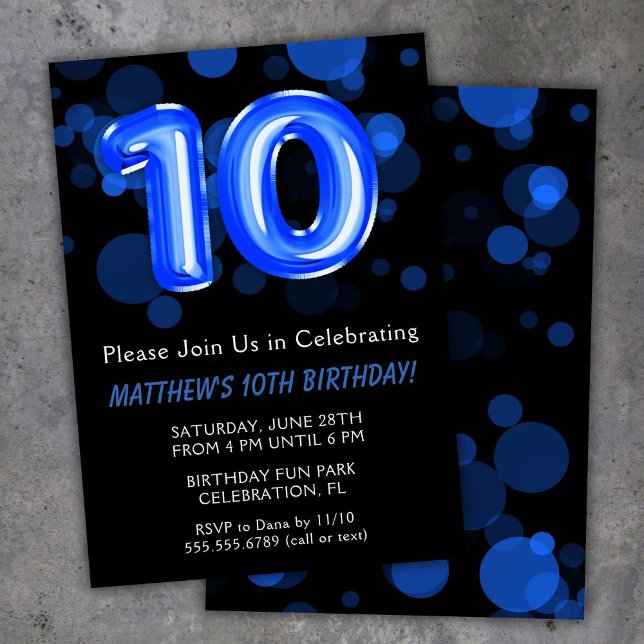 10th Birthday Balloons Kids Blue Boy Party Invitation (Creator Uploaded)