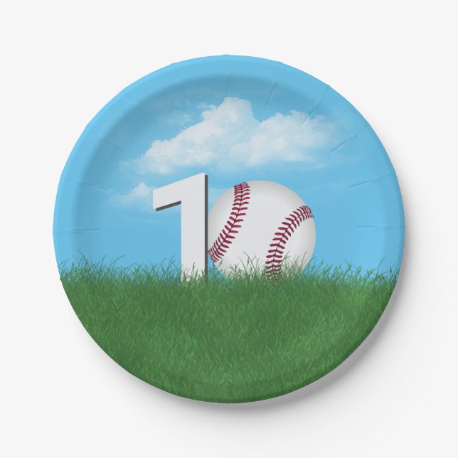 10th Birthday Baseball In Green Grass Paper Plate (Front)
