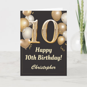 10th Birthday Black and Gold Balloons Confetti Card