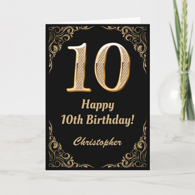 10th Birthday Black and Gold Glitter Frame Card (Front)
