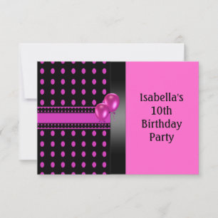 10th Birthday Black Pink Spots Pattern & Balloons Invitation