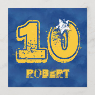 10th Birthday Blue and Gold Modern Grunge G10 Invitation