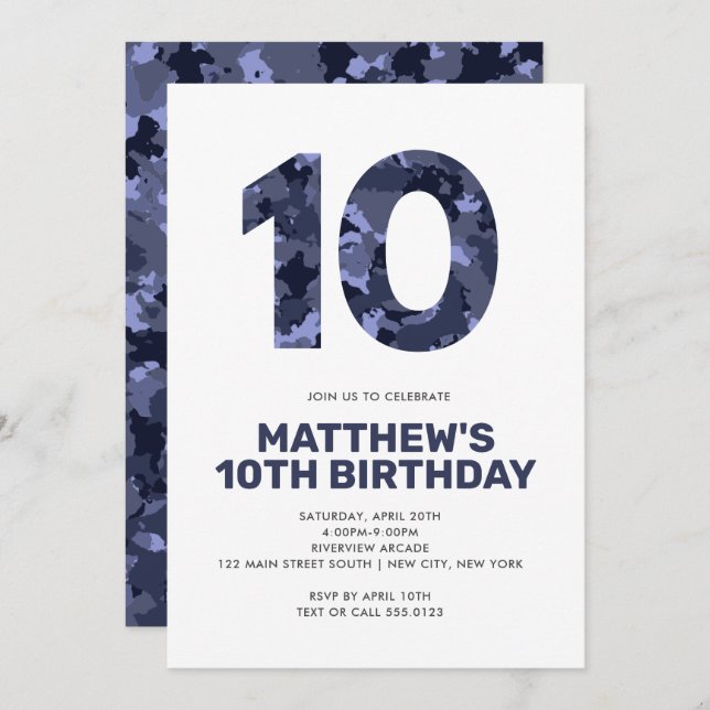 10TH Birthday,  Blue Camo Personalised Party Invitation (Front/Back)