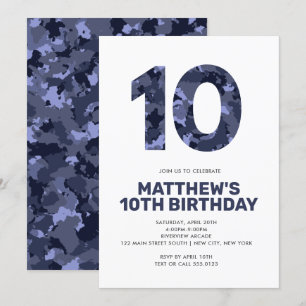 10TH Birthday,  Blue Camo Personalised Party Invitation