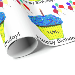 10th Birthday Blue Cupcake Balloons Customise AGE Wrapping Paper