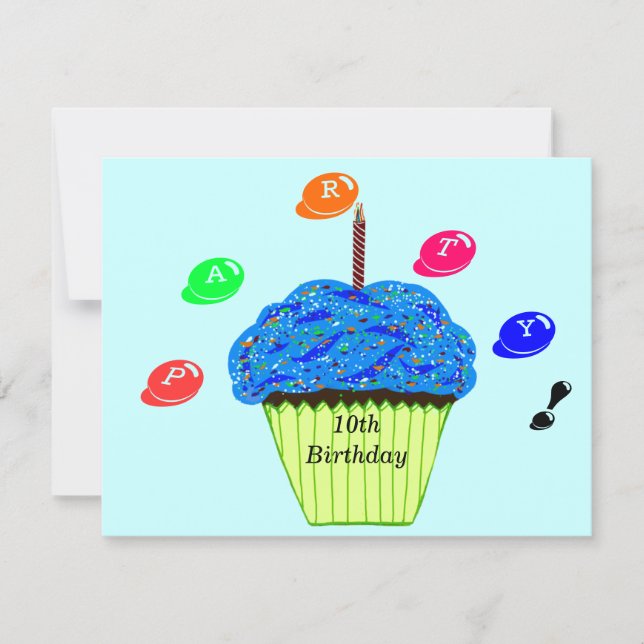 10th Birthday Blue Green Cupcakes Party Invitation (Front)