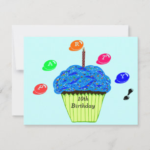 10th Birthday Blue Green Cupcakes Party Invitation