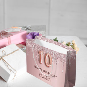10th birthday blush pink glitter drips name large gift bag