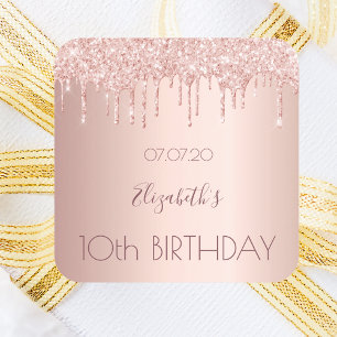 10th birthday blush rose gold drips name square sticker