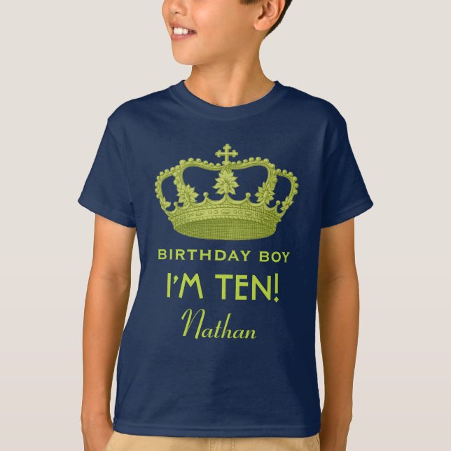 10th Birthday Boy Custom Name Crown Kid Gift Idea T-Shirt (Front)
